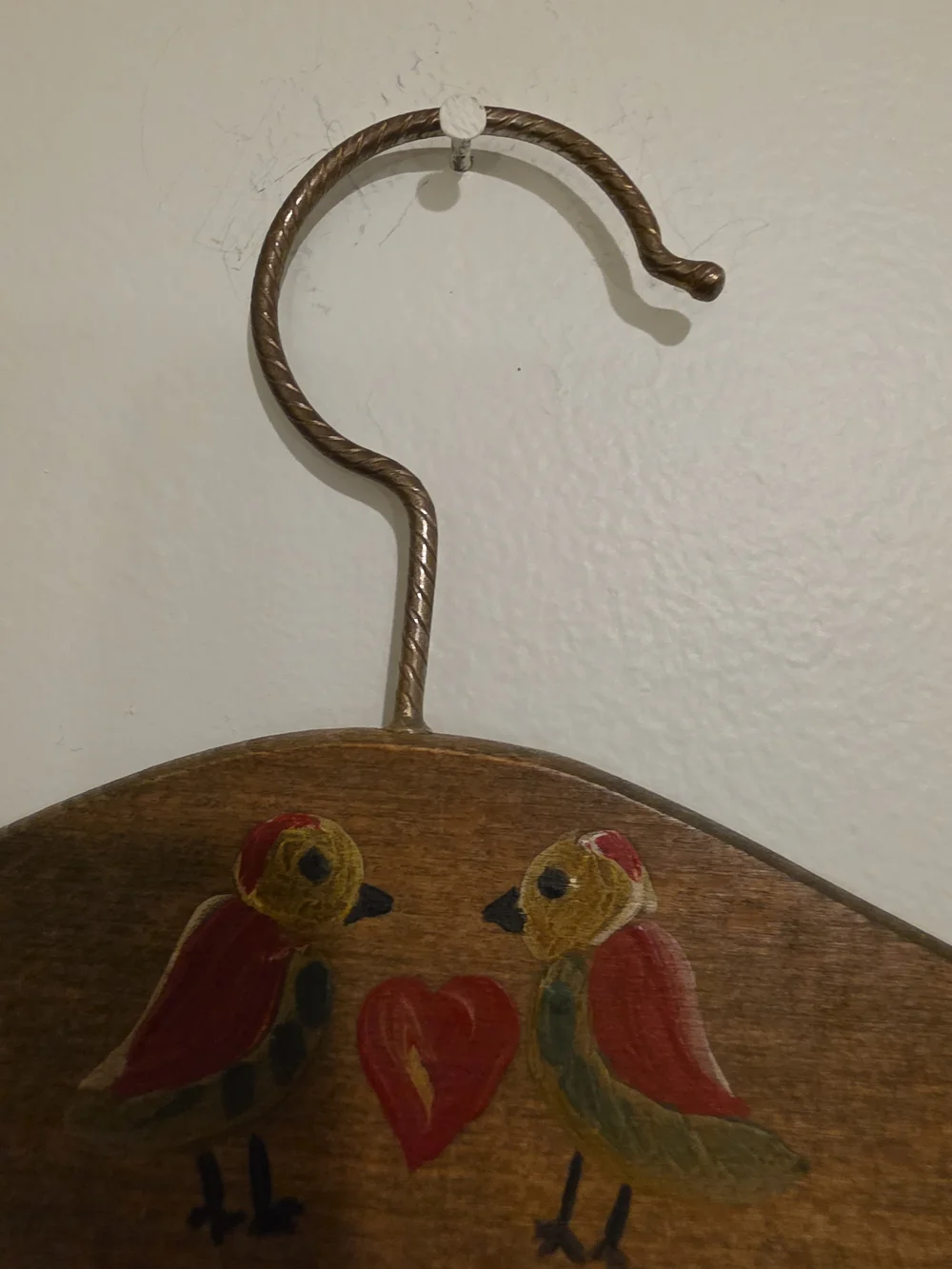 Vintage Hand Painted Wooden Hanger Lovebirds Heart Flowers Bridal Wedding Dress